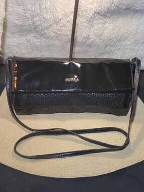 Furla Black Patent Leather Clutch with Textured Panel